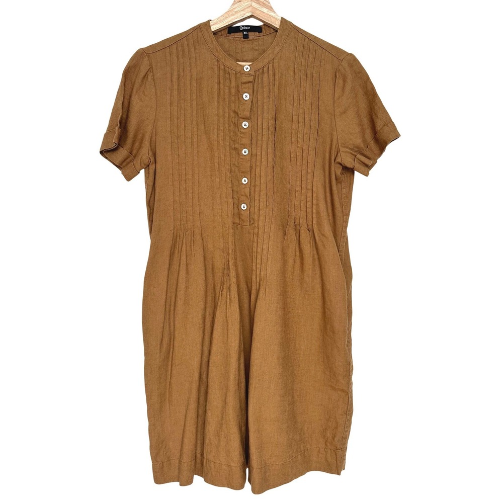 Quince 100% European Linen Pintuck‎ Mini Dress Brown Short Sleeve XS - Picture 4 of 11